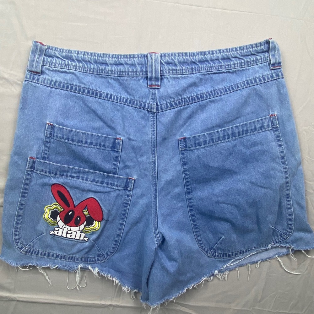 A-Lab Womens Y2K Denim Shorts Size 38 Blue Raw Hem Rave Skater Graphic Patch - Picture 4 of 14